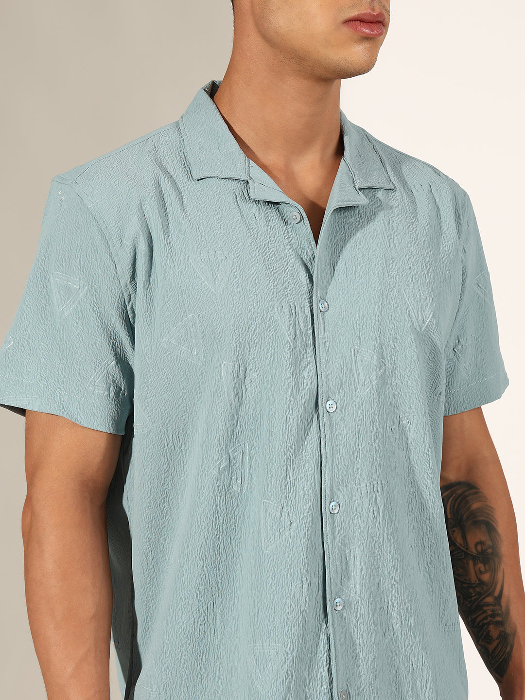 Men's Sea Green Half Sleeve Cuban Collar Shirt with Embossed Geometric Pattern
