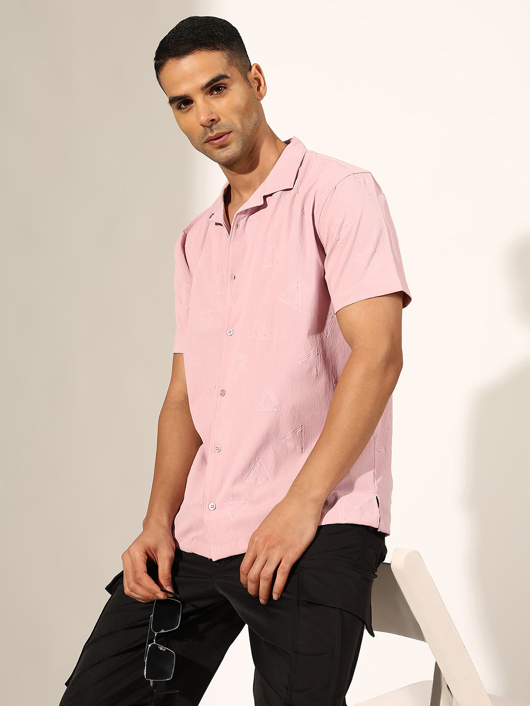 Men's Pink Half Sleeve Cuban Collar Shirt with Embossed Geometric Pattern
