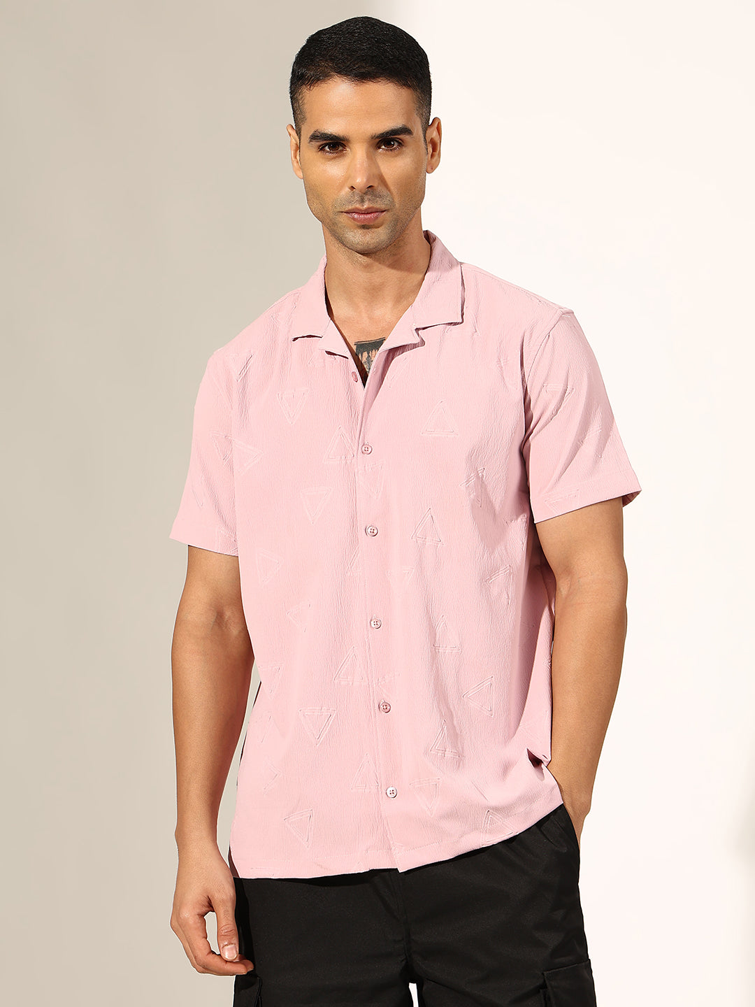 Men's Pink Half Sleeve Cuban Collar Shirt with Embossed Geometric Pattern