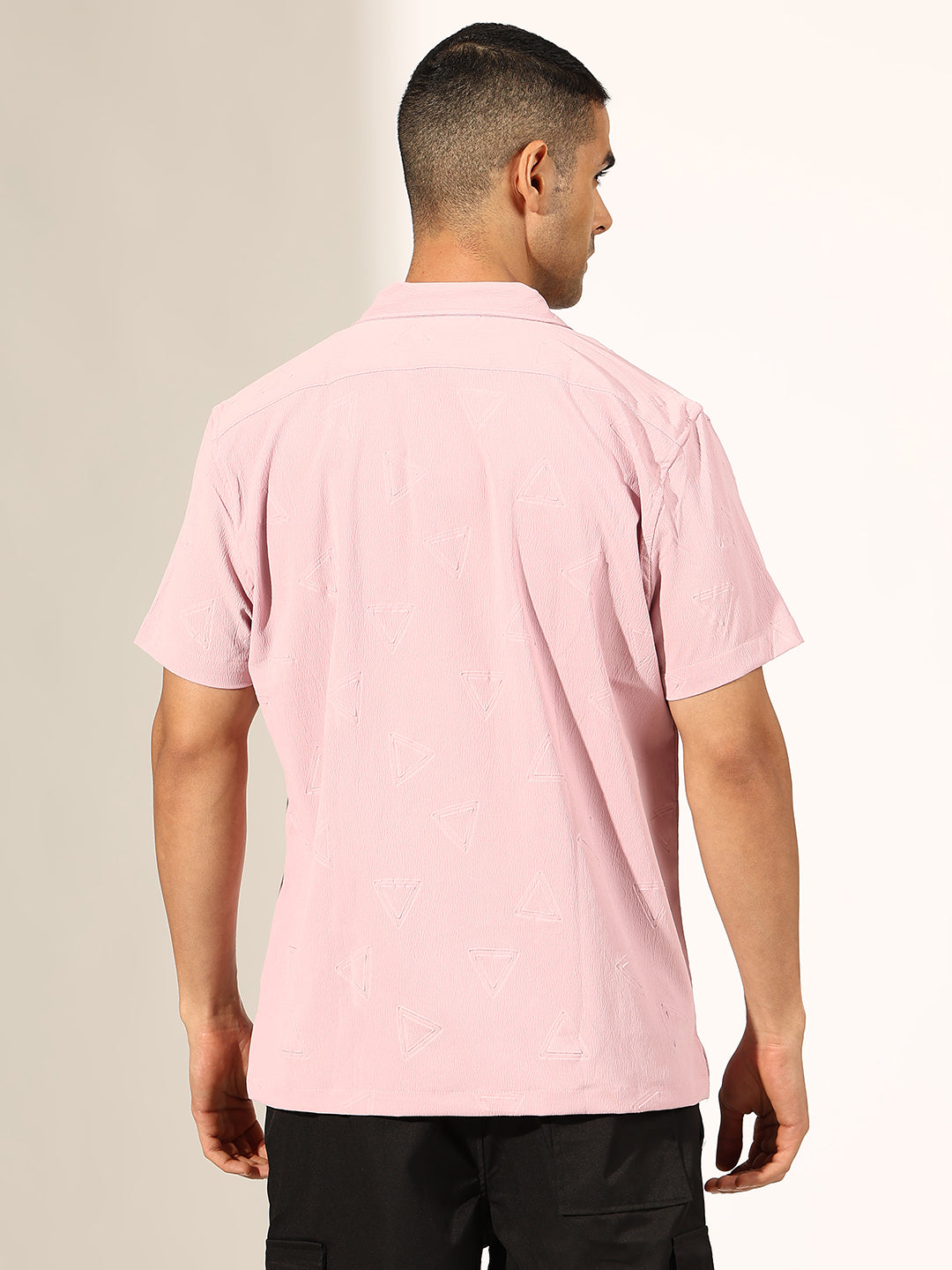 Men's Pink Half Sleeve Cuban Collar Shirt with Embossed Geometric Pattern