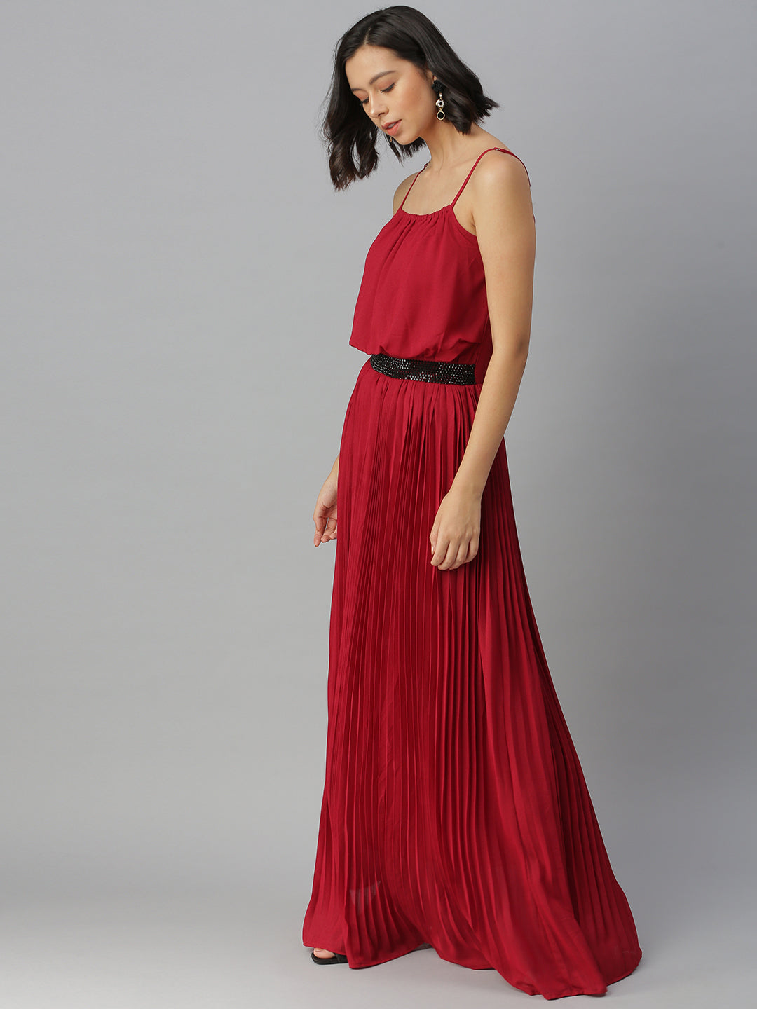 Women Shoulder Straps Embellished Maxi Maroon Dress