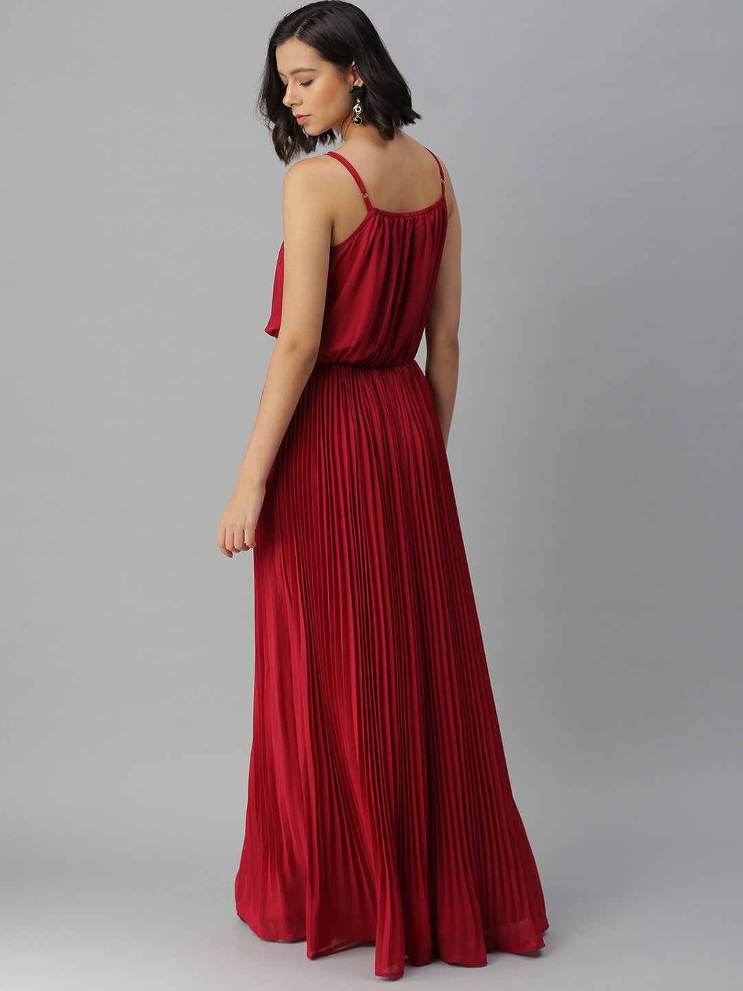 Women Shoulder Straps Embellished Maxi Maroon Dress