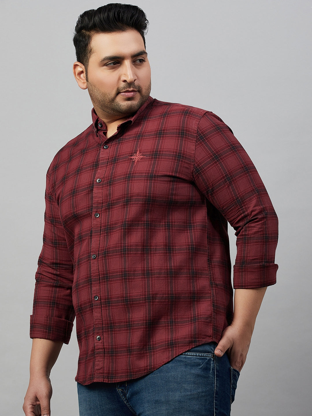 Men Checked Rust Comfort Shirt