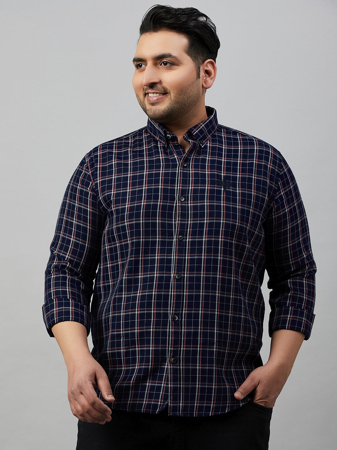 Men Spread Collar Checked Navy Blue Shirt