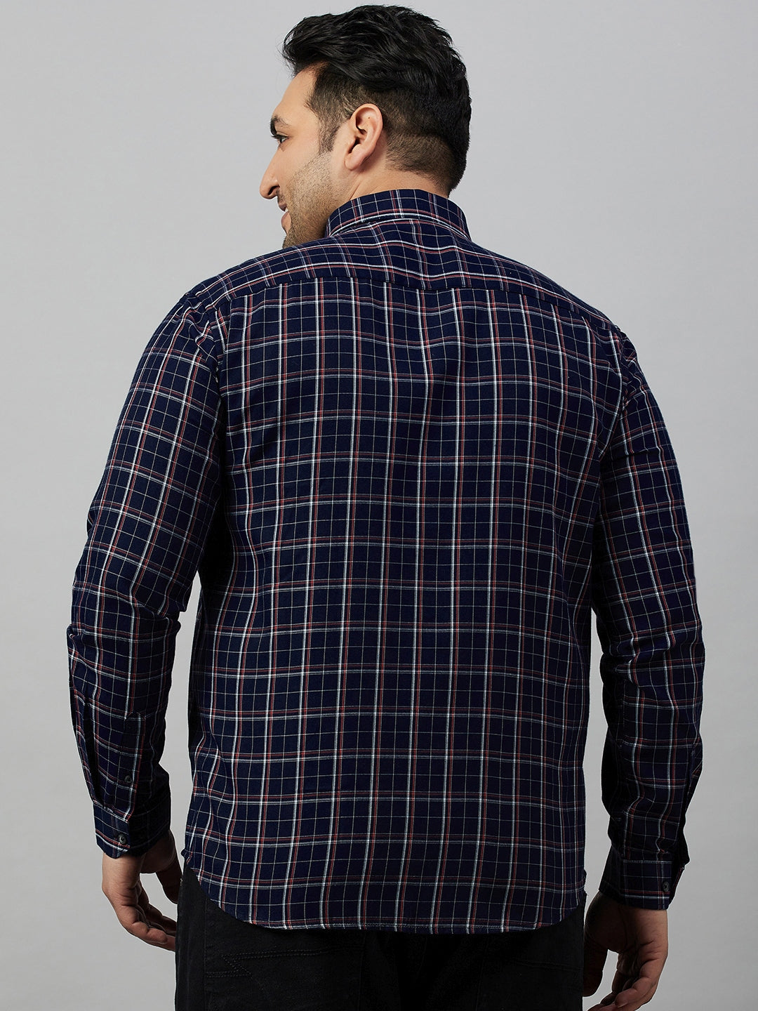 Men Spread Collar Checked Navy Blue Shirt