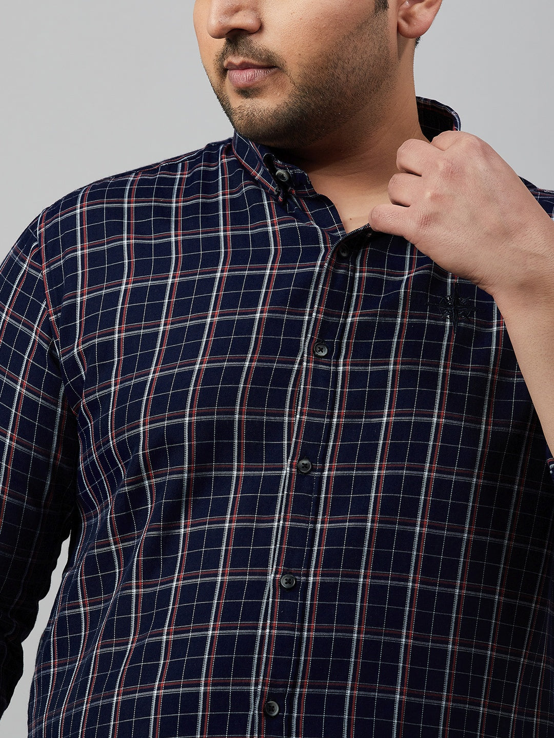 Men Spread Collar Checked Navy Blue Shirt