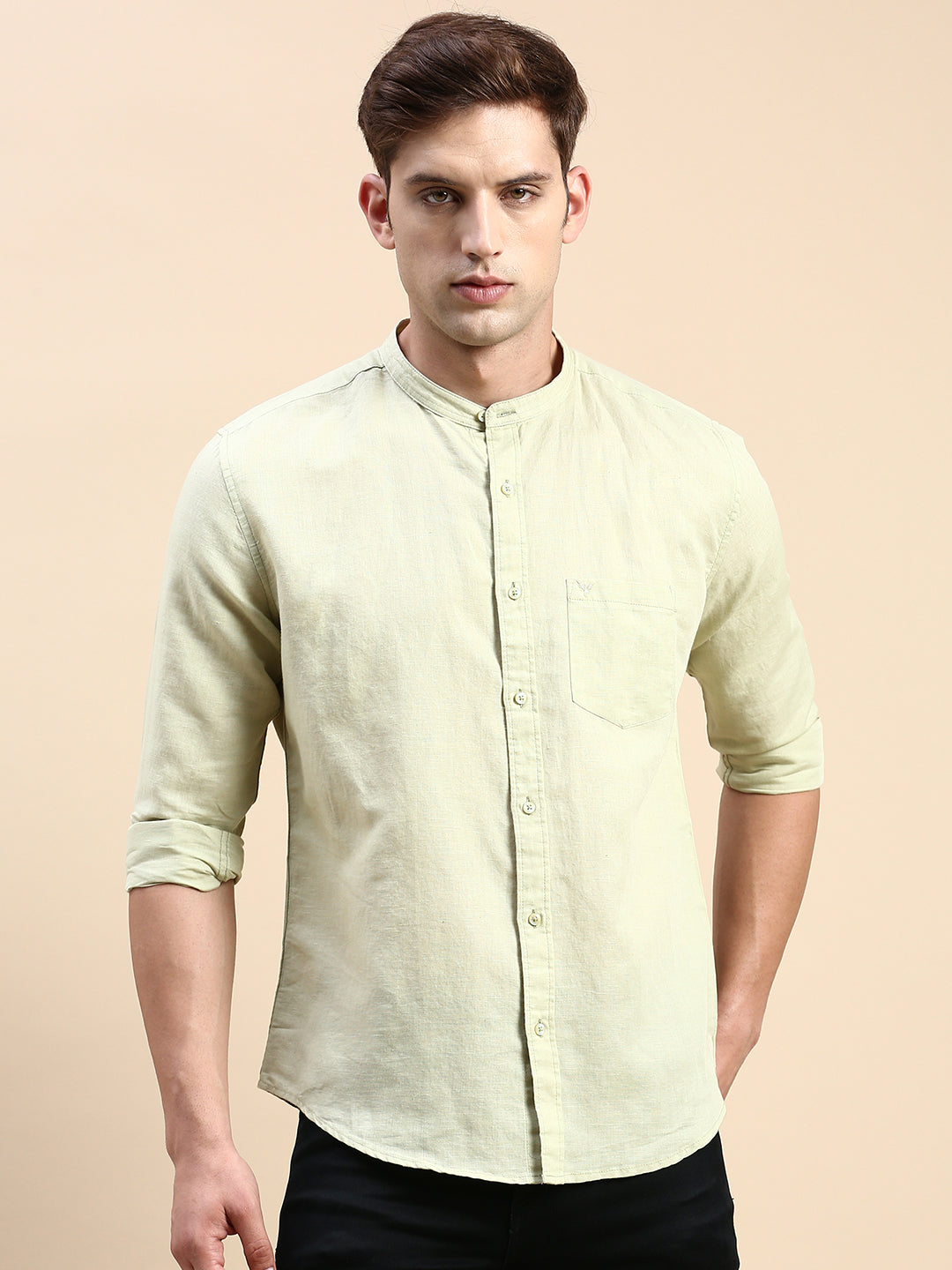 Men's Green Mandarin Collar Solid Slim Fit Shirt