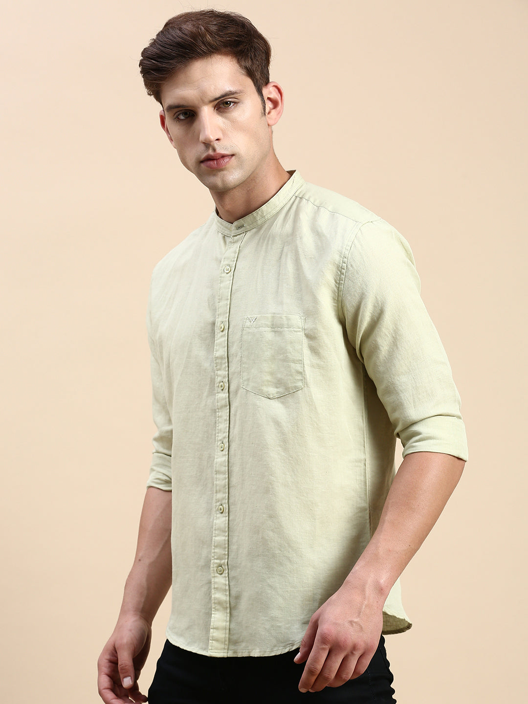 Men's Green Mandarin Collar Solid Slim Fit Shirt