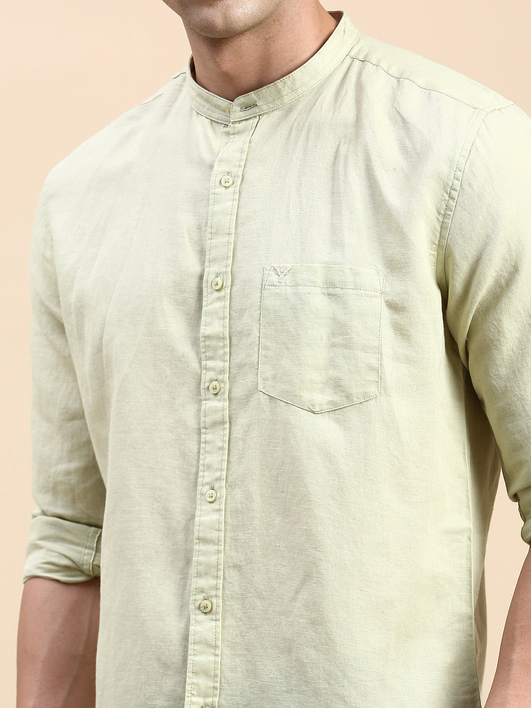 Men's Green Mandarin Collar Solid Slim Fit Shirt