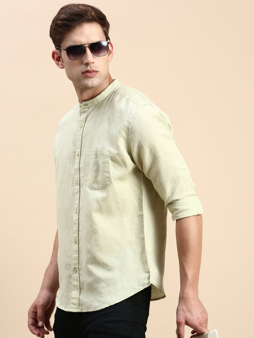 Men's Green Mandarin Collar Solid Slim Fit Shirt