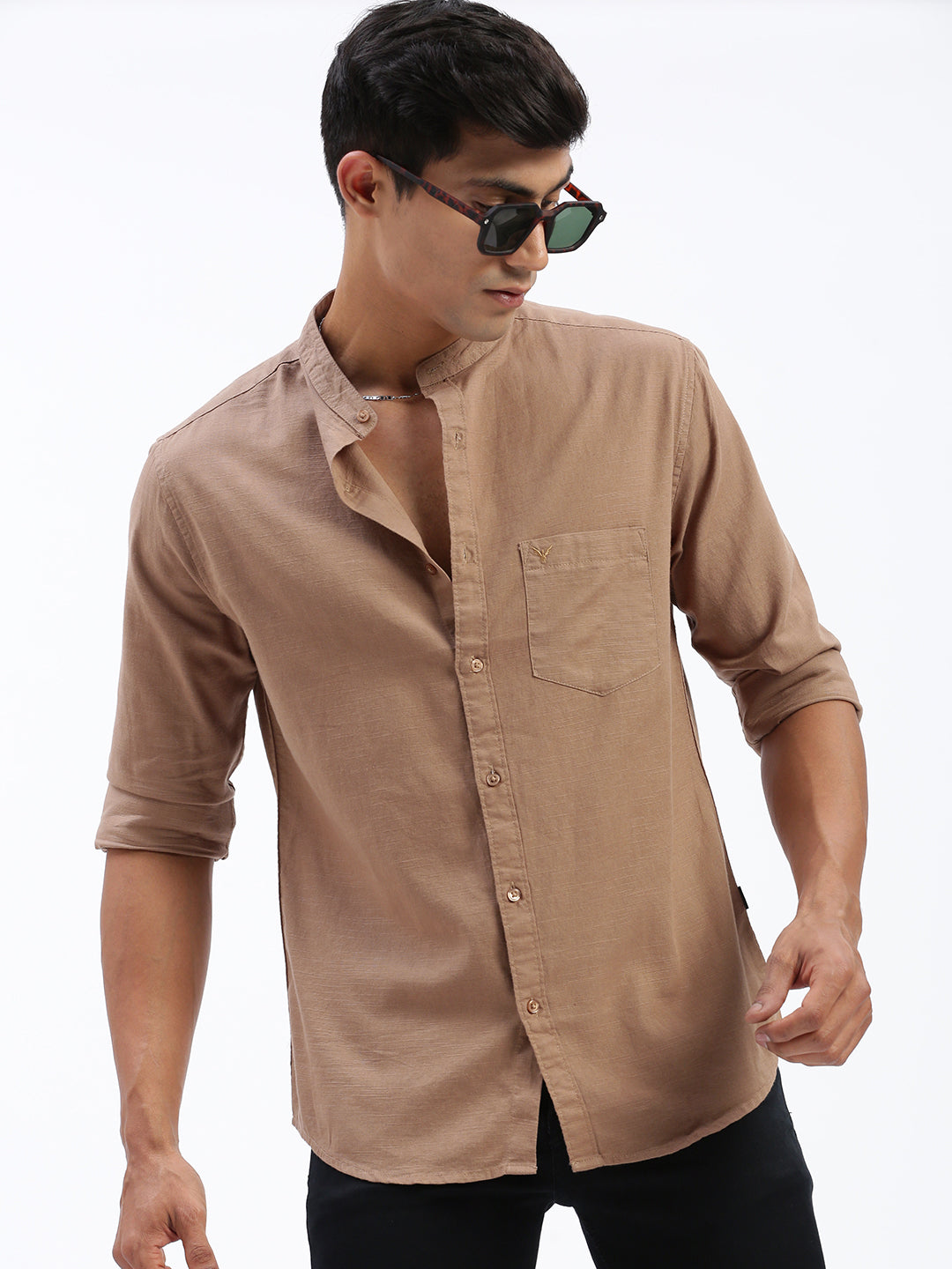 Men Solid Brown Slim Fit Shirt