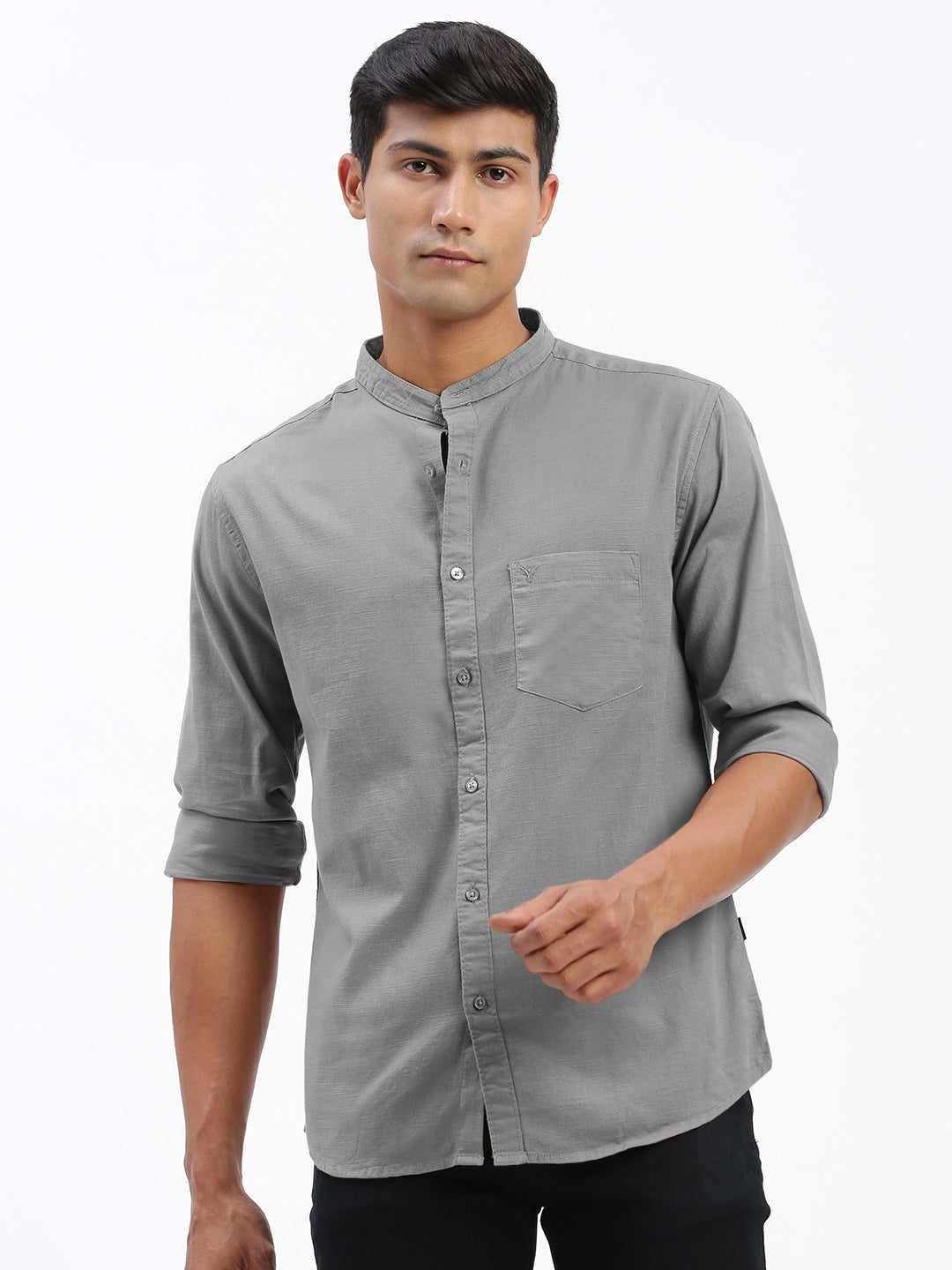 Men's Grey Mandarin Collar Slim Fit Shirt with Chest Pocket