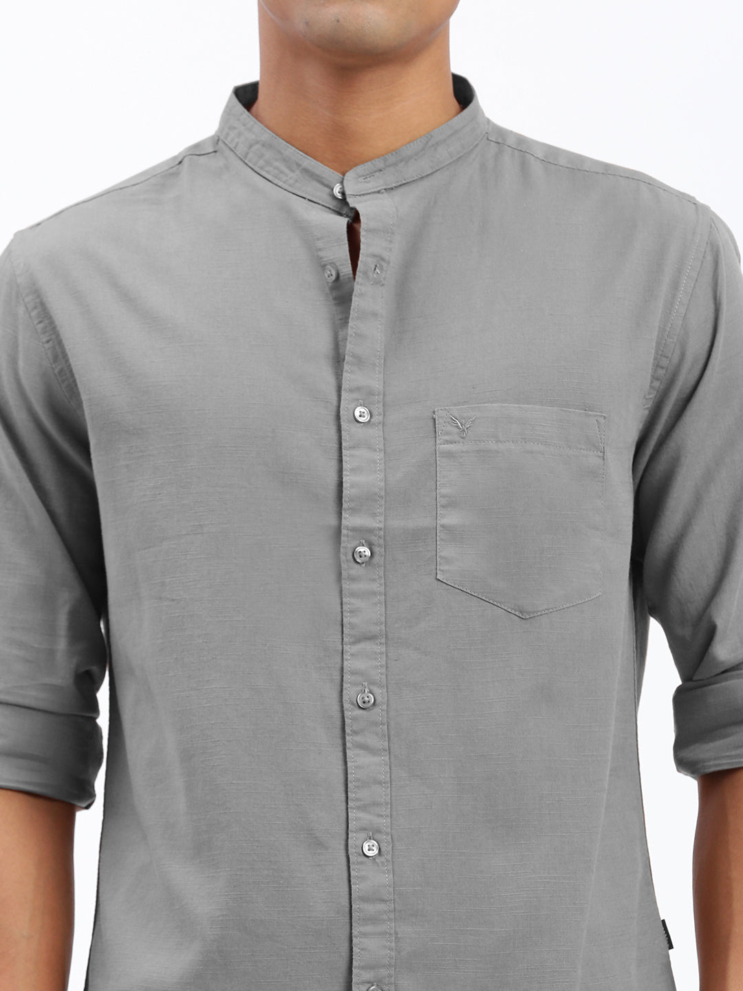 Men's Grey Mandarin Collar Slim Fit Shirt with Chest Pocket