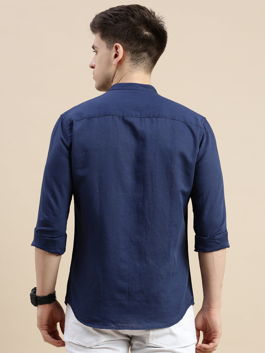 Men Mandarin Collar Solid Navy Blue Shirt