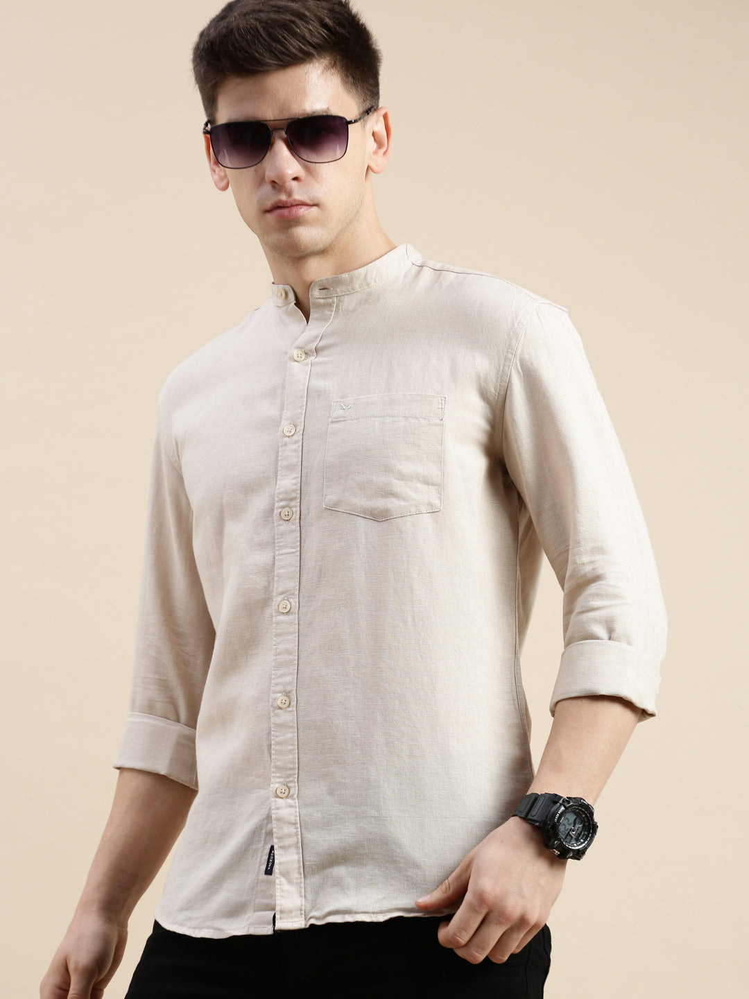 Men Mandarin Collar Solid Beige Shirt