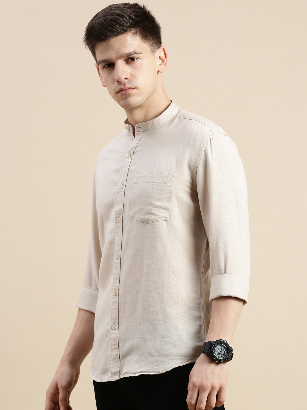 Men Mandarin Collar Solid Beige Shirt