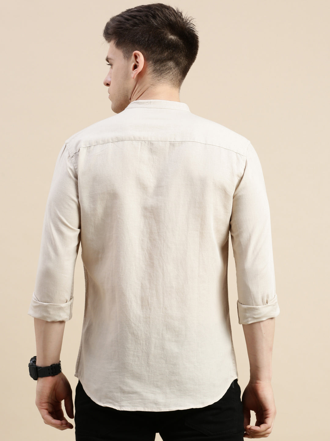 Men Mandarin Collar Solid Beige Shirt