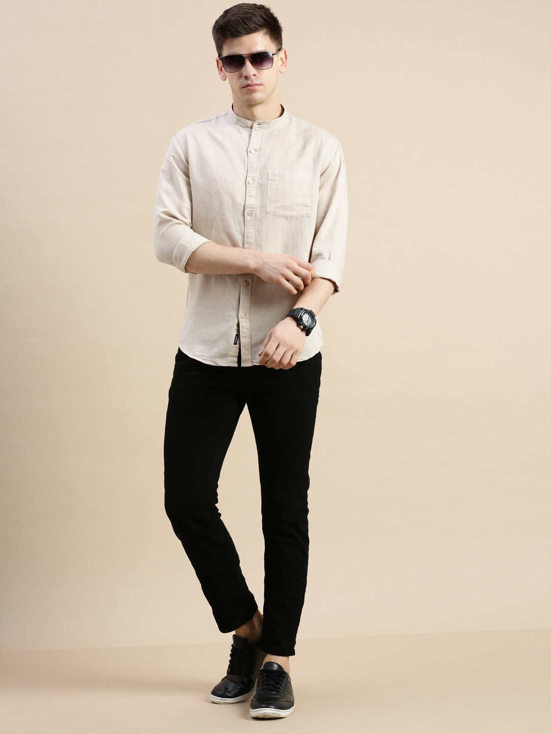 Men Mandarin Collar Solid Beige Shirt