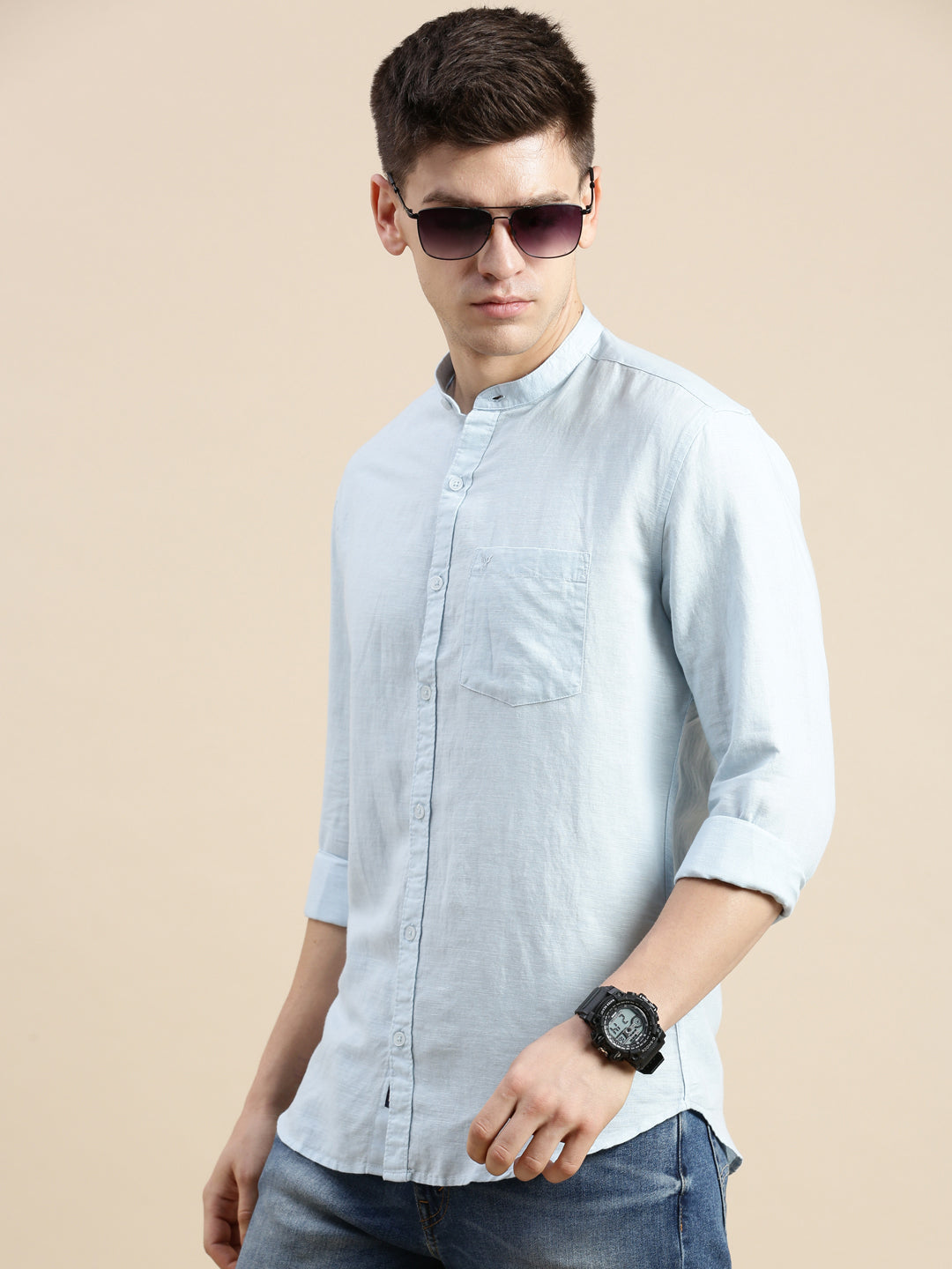 Men Mandarin Collar Solid Blue Shirt