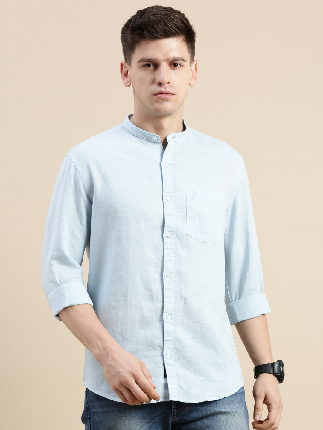 Men Mandarin Collar Solid Blue Shirt