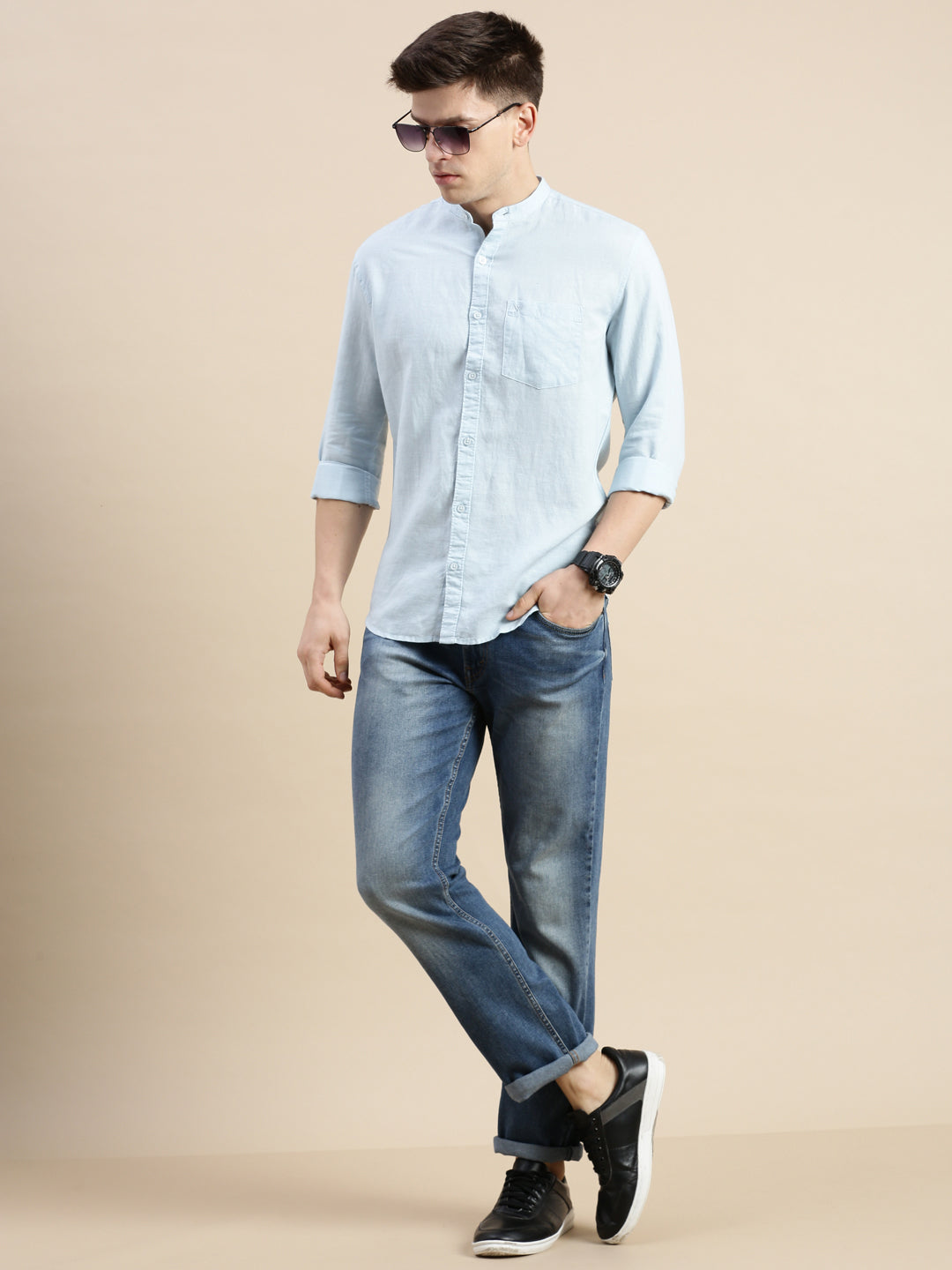 Men Mandarin Collar Solid Blue Shirt