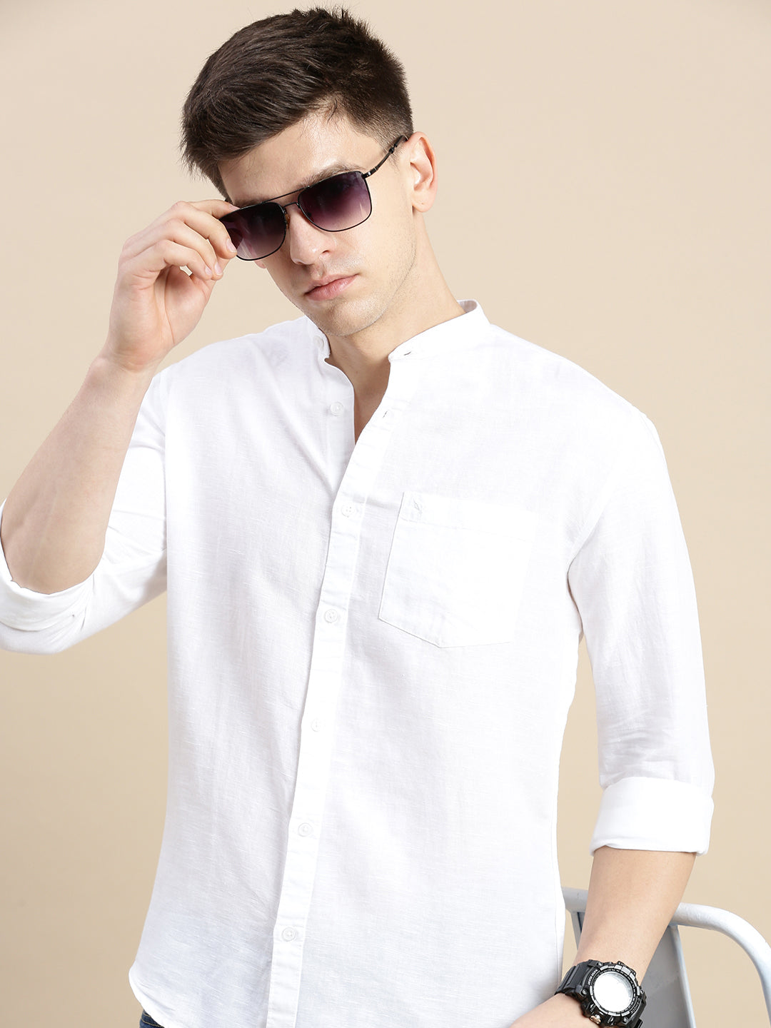 Men Mandarin Collar Solid White Shirt