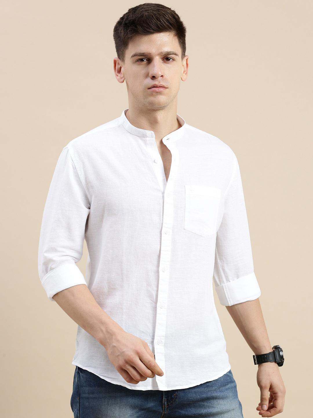 Men Mandarin Collar Solid White Shirt