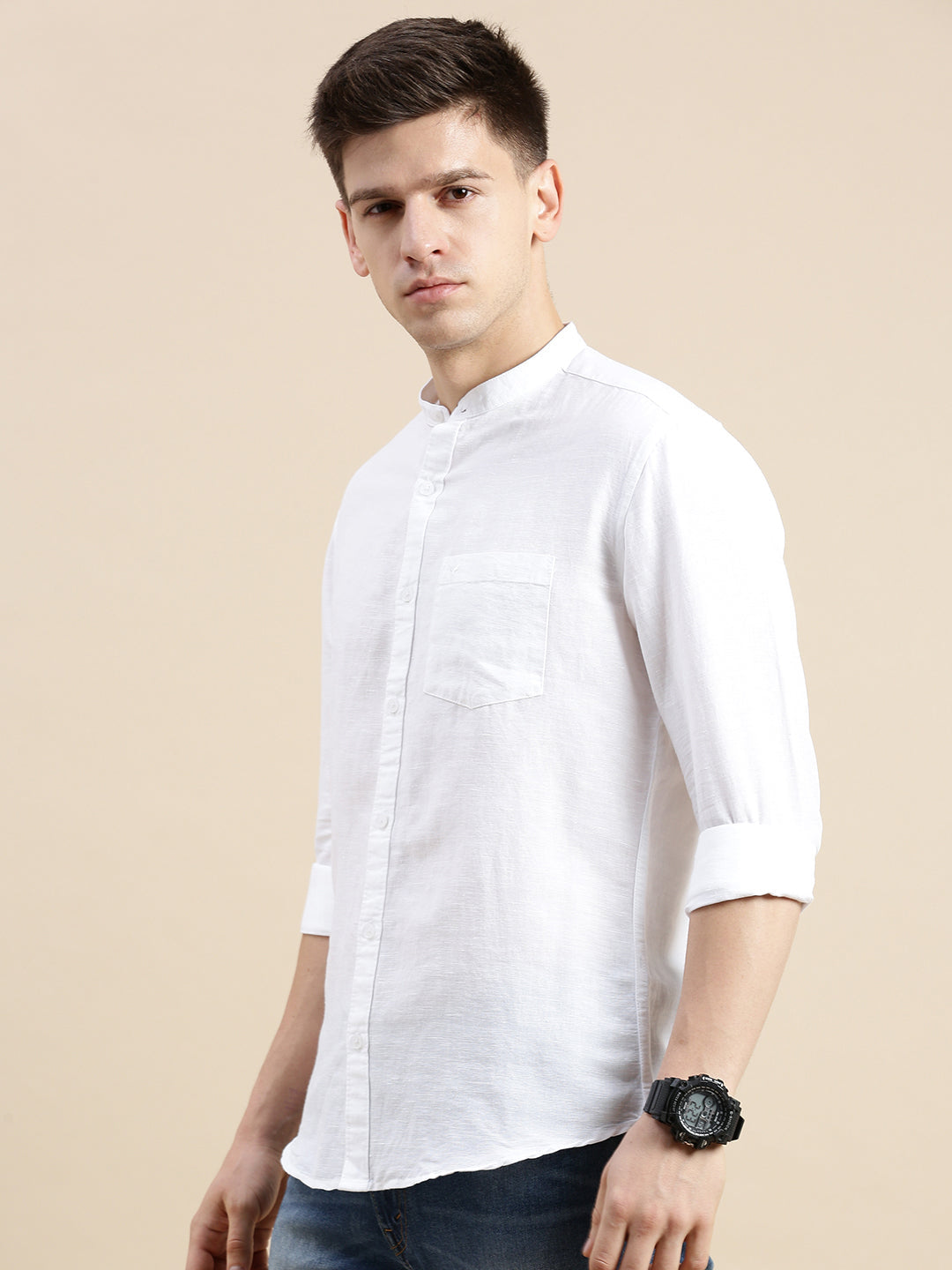 Men Mandarin Collar Solid White Shirt