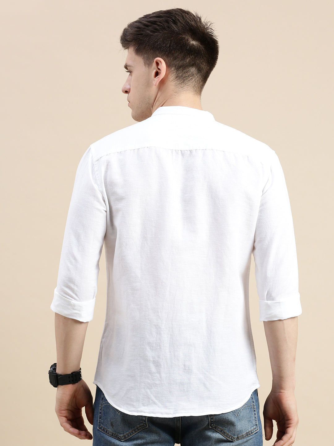 Men Mandarin Collar Solid White Shirt