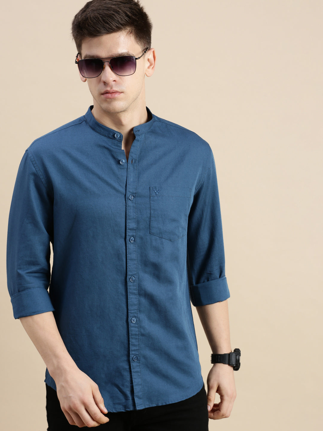 Men Mandarin Collar Solid Teal Shirt