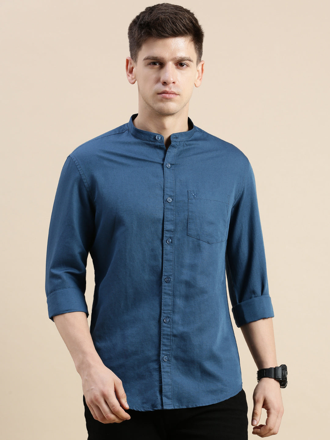 Men Mandarin Collar Solid Teal Shirt