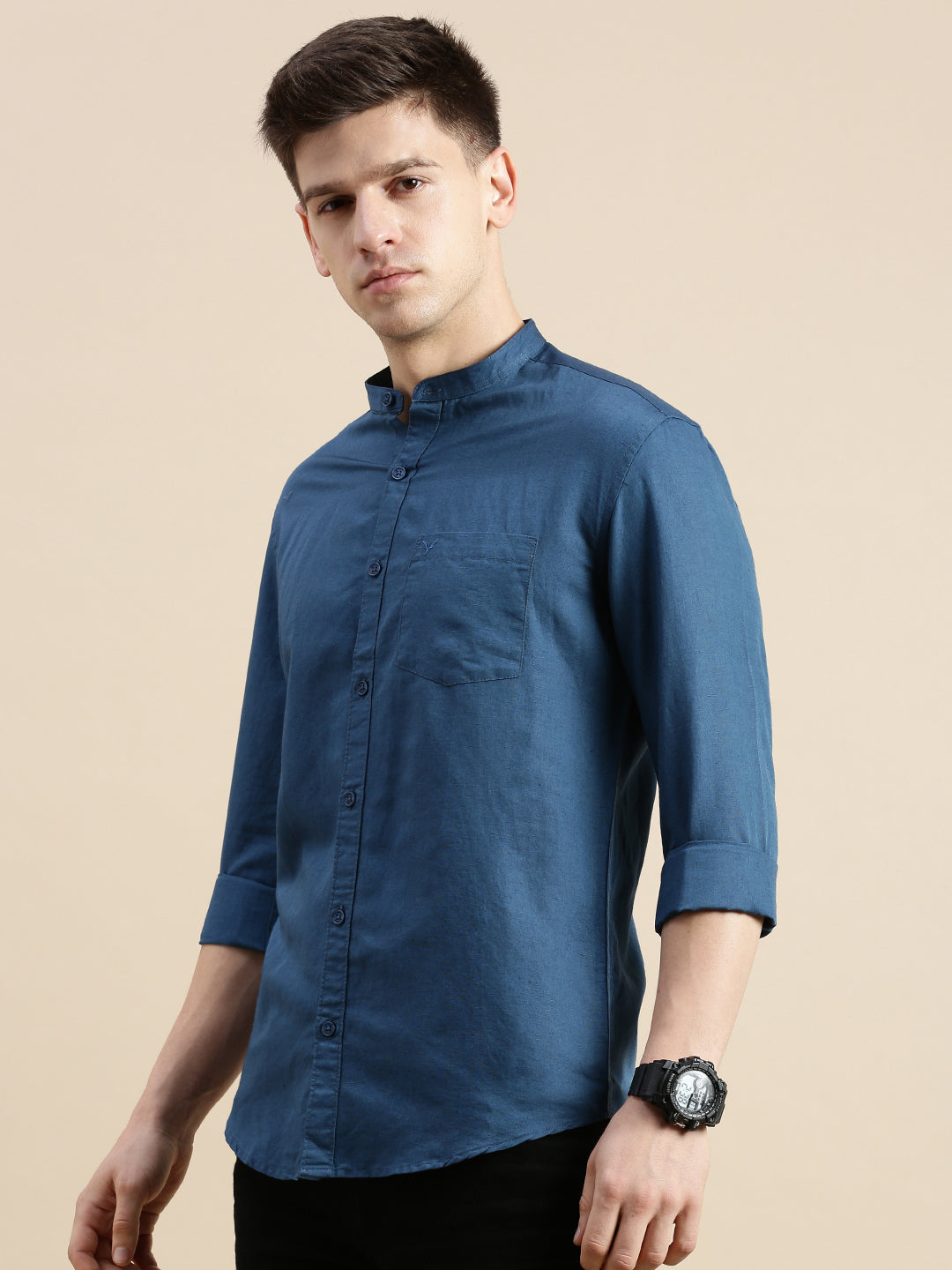 Men Mandarin Collar Solid Teal Shirt