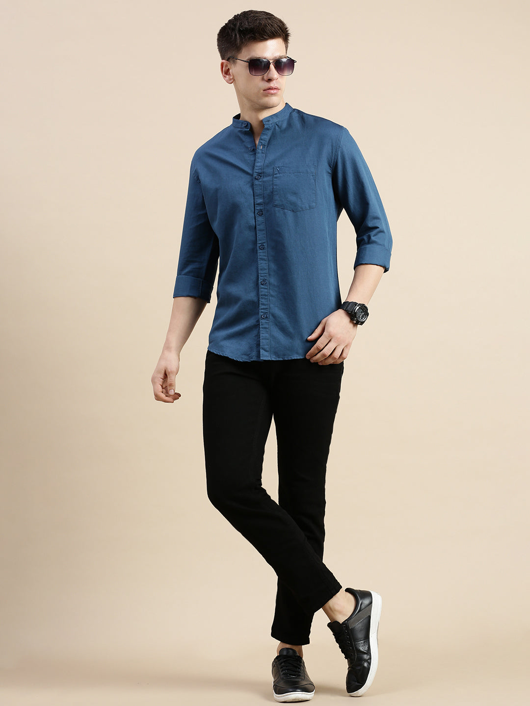 Men Mandarin Collar Solid Teal Shirt