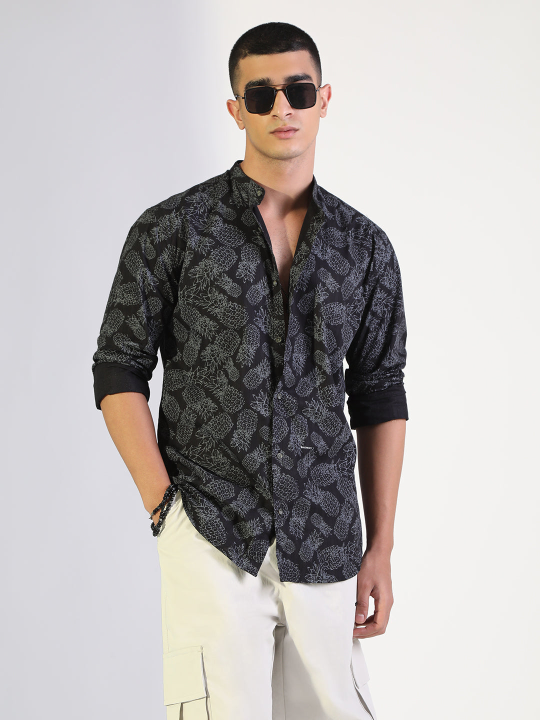 Men's Printed Black Regular Fit Casual Mandarin Collar Shirt