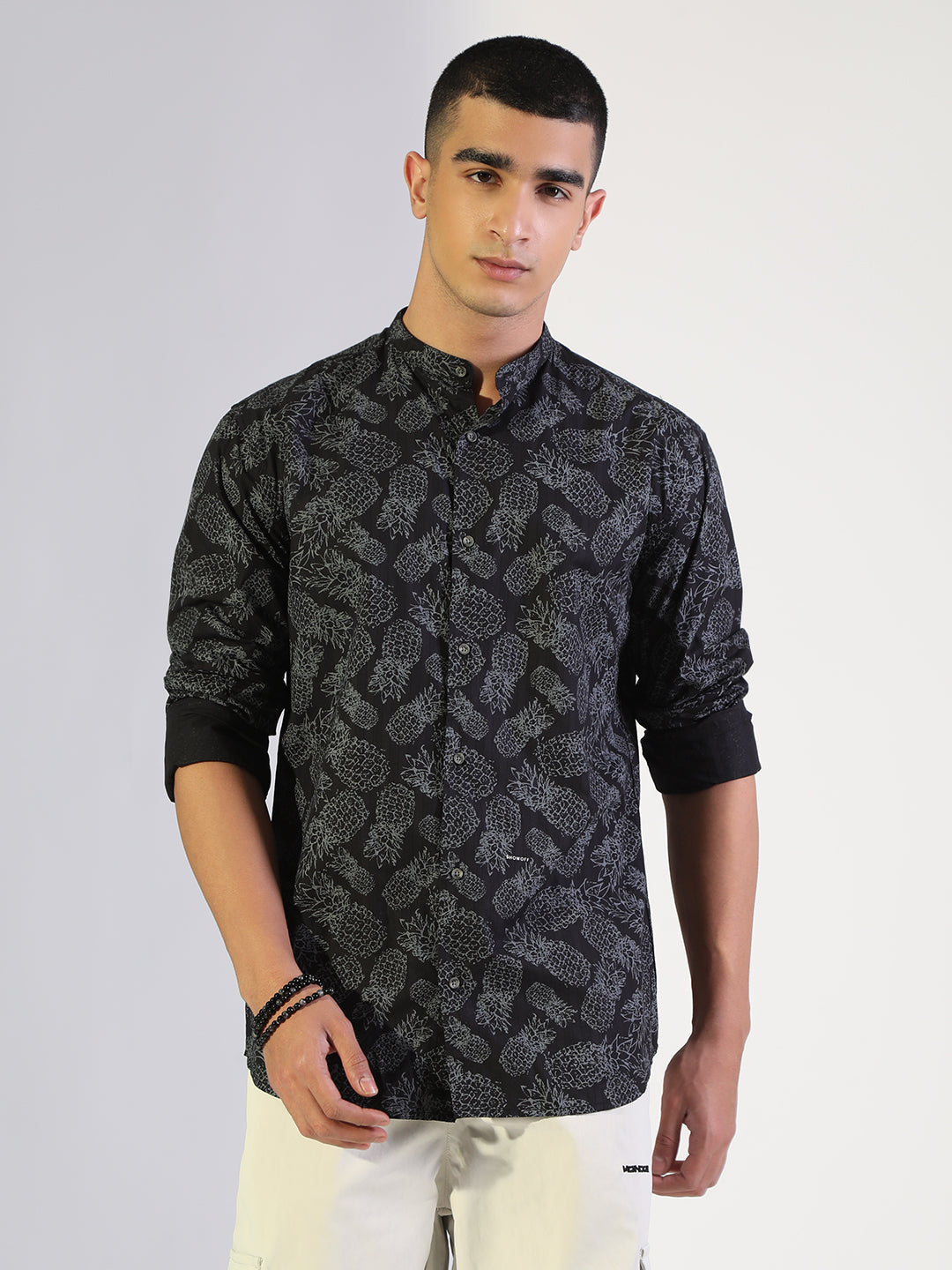 Men's Printed Black Regular Fit Casual Mandarin Collar Shirt