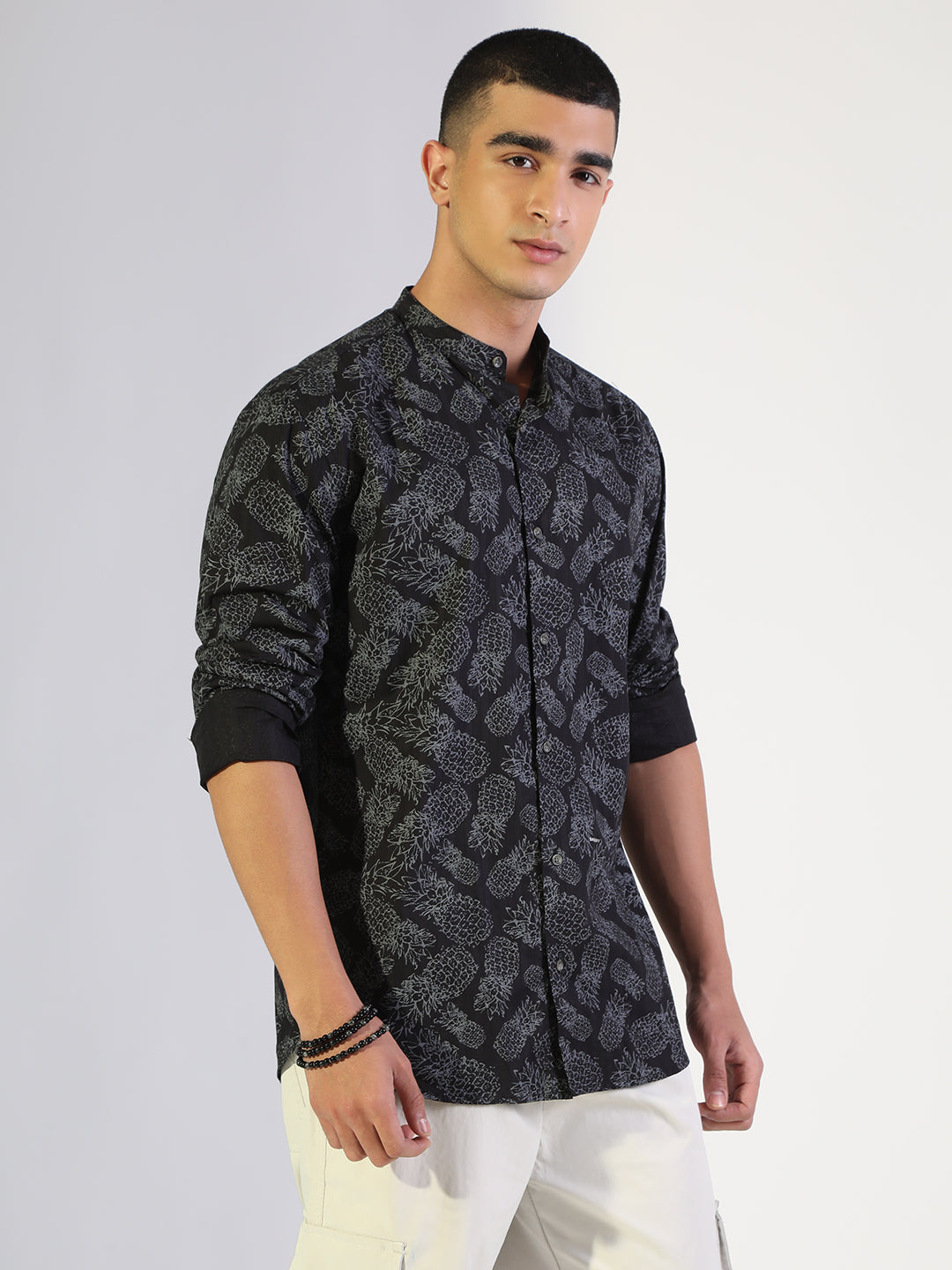Men's Printed Black Regular Fit Casual Mandarin Collar Shirt