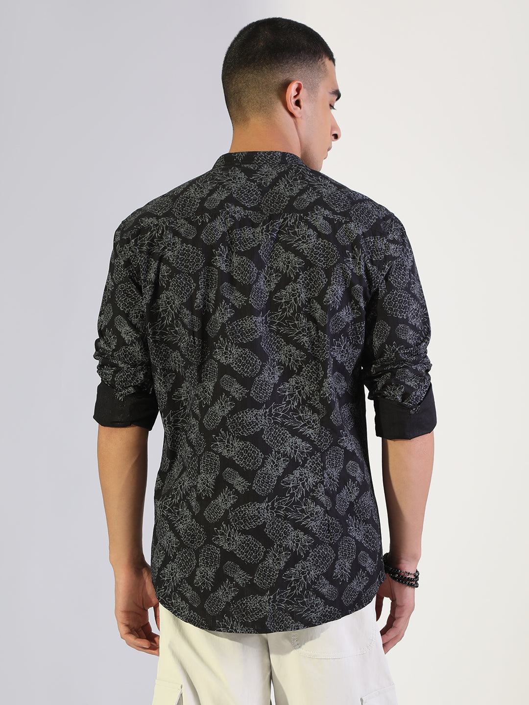 Men's Printed Black Regular Fit Casual Mandarin Collar Shirt