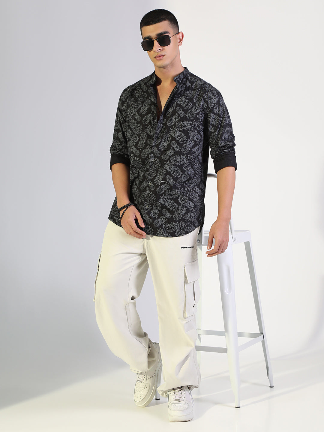 Men's Printed Black Regular Fit Casual Mandarin Collar Shirt