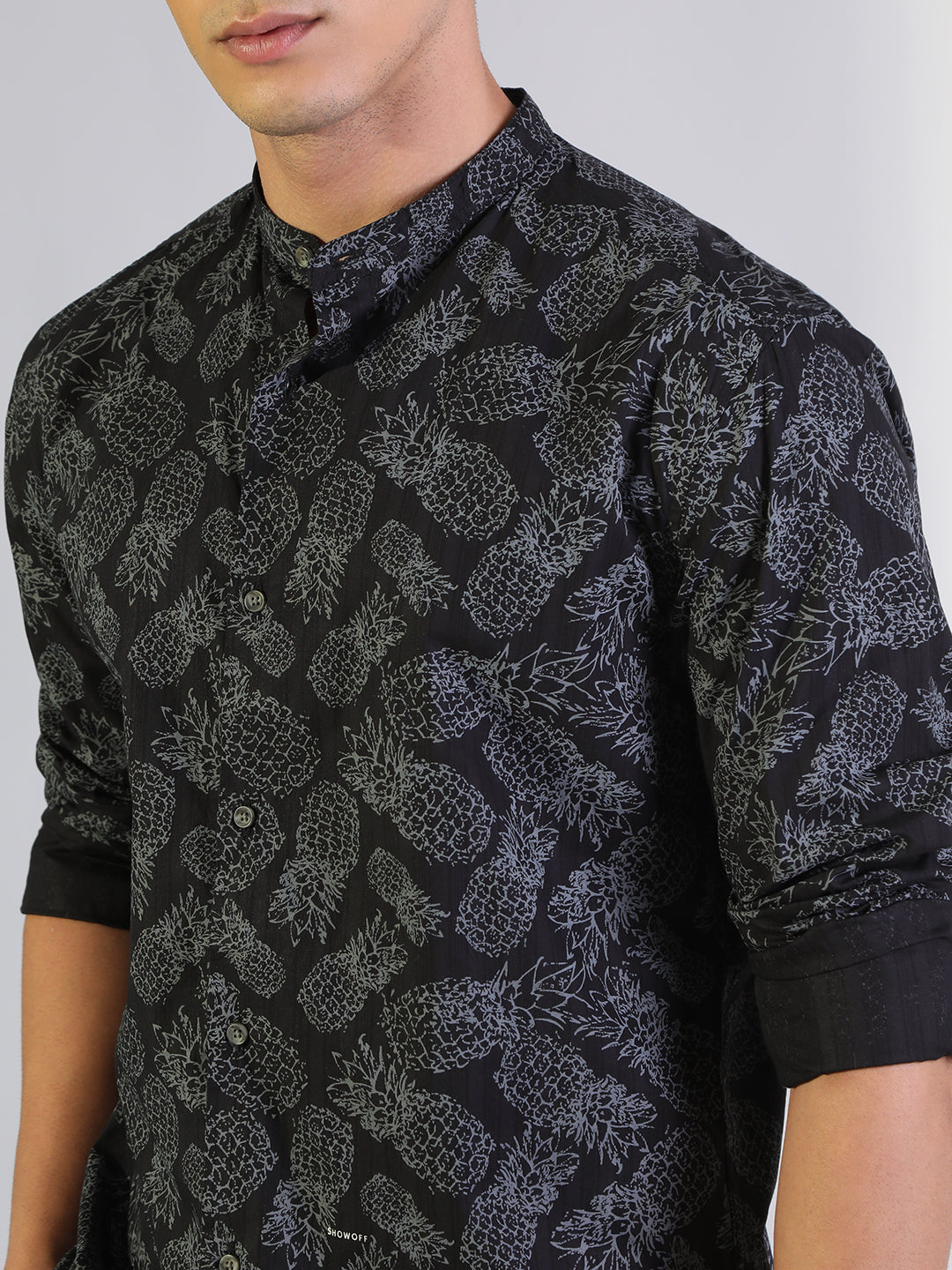 Men's Printed Black Regular Fit Casual Mandarin Collar Shirt