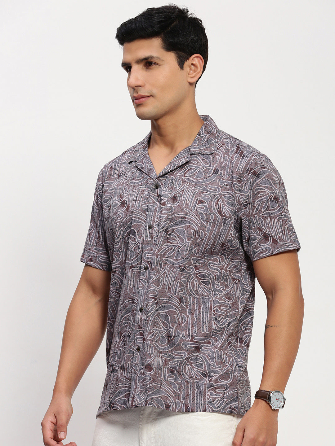 Men Purple Floral Cuban Collar Shirt