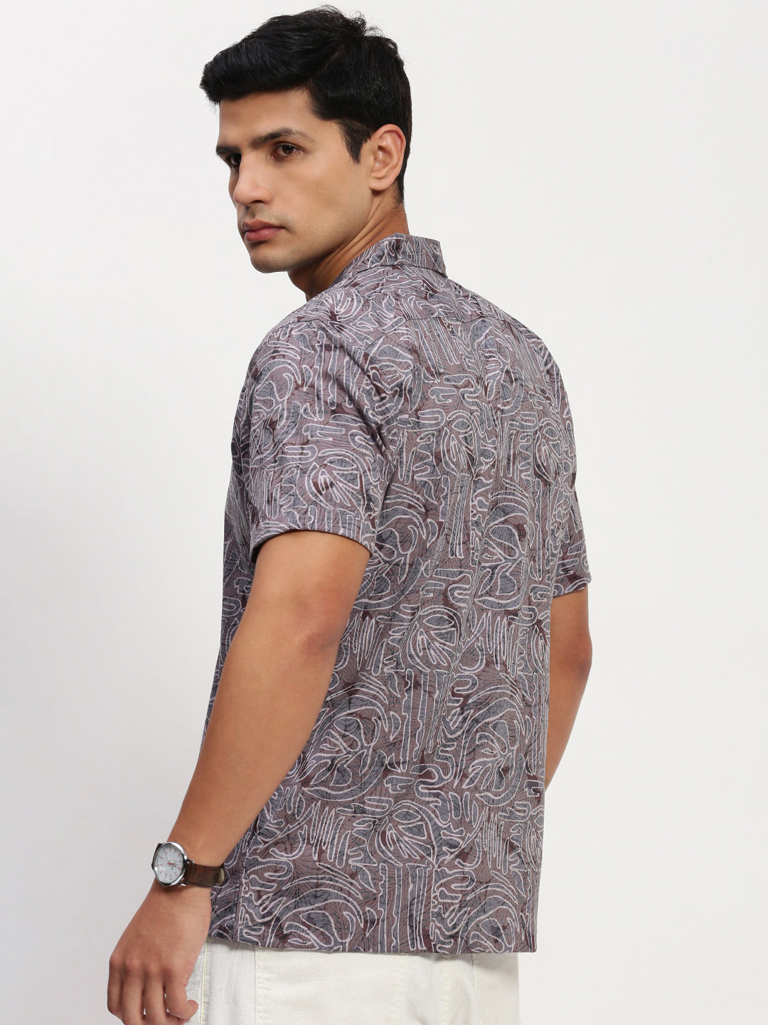 Men Purple Floral Cuban Collar Shirt