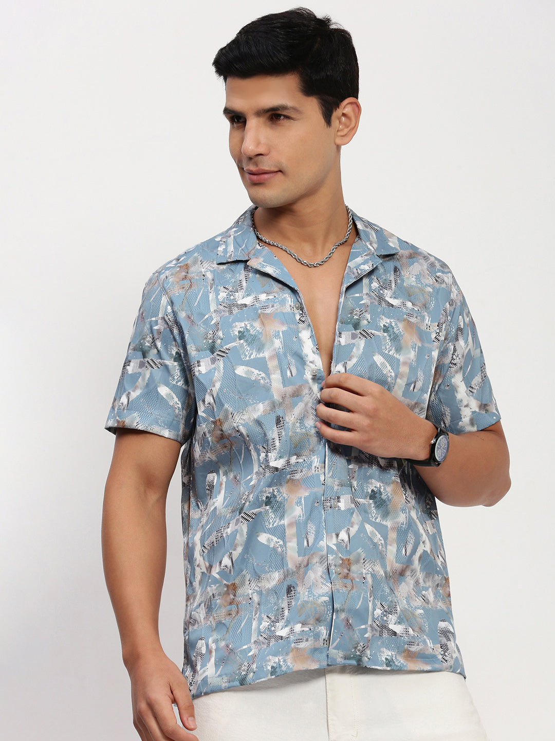 Men Blue Abstract Cuban Collar Shirt