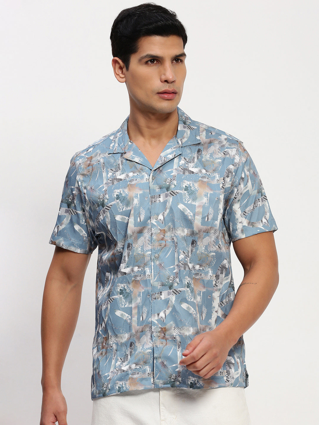 Men Blue Abstract Cuban Collar Shirt