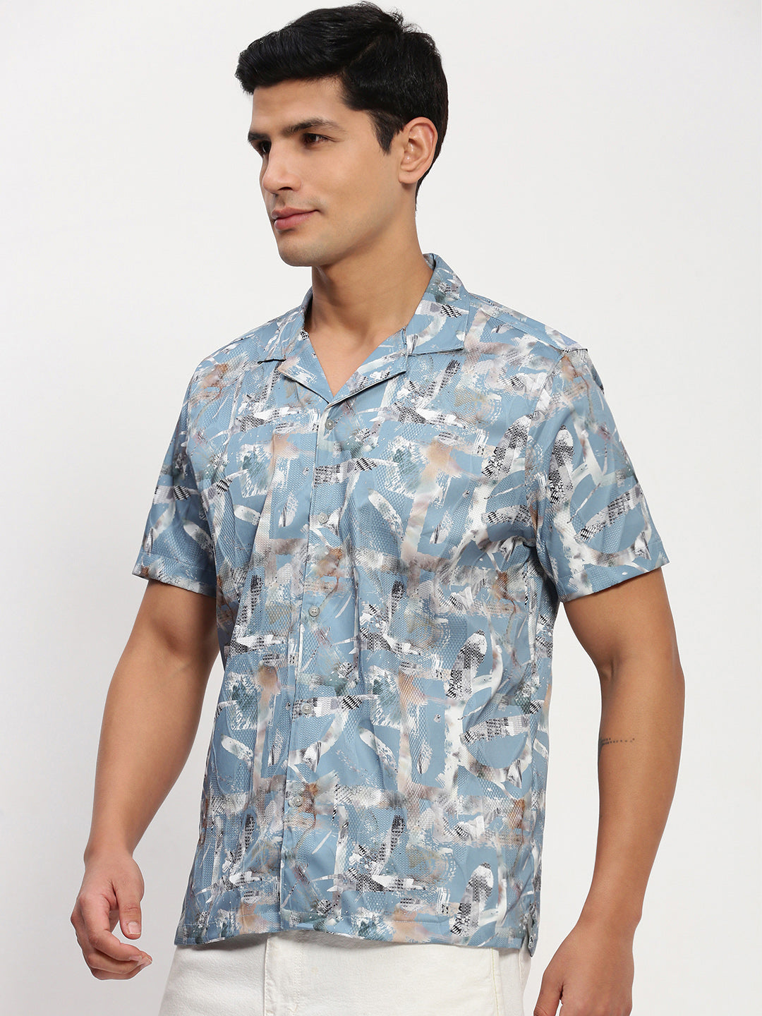 Men Blue Abstract Cuban Collar Shirt