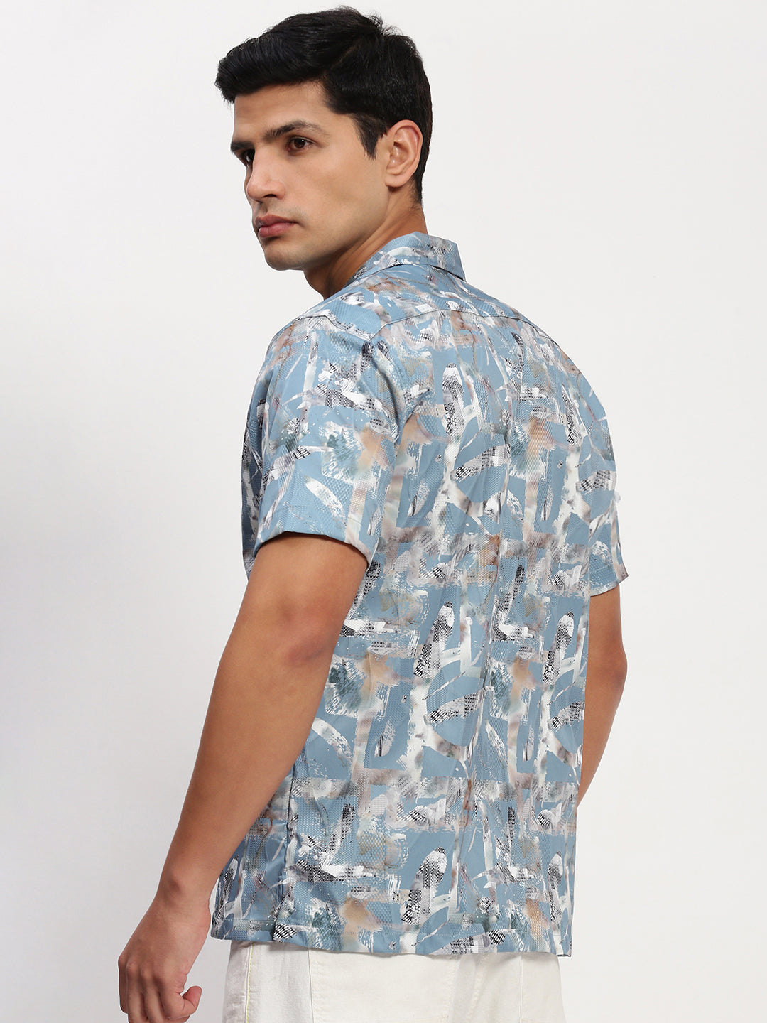 Men Blue Abstract Cuban Collar Shirt