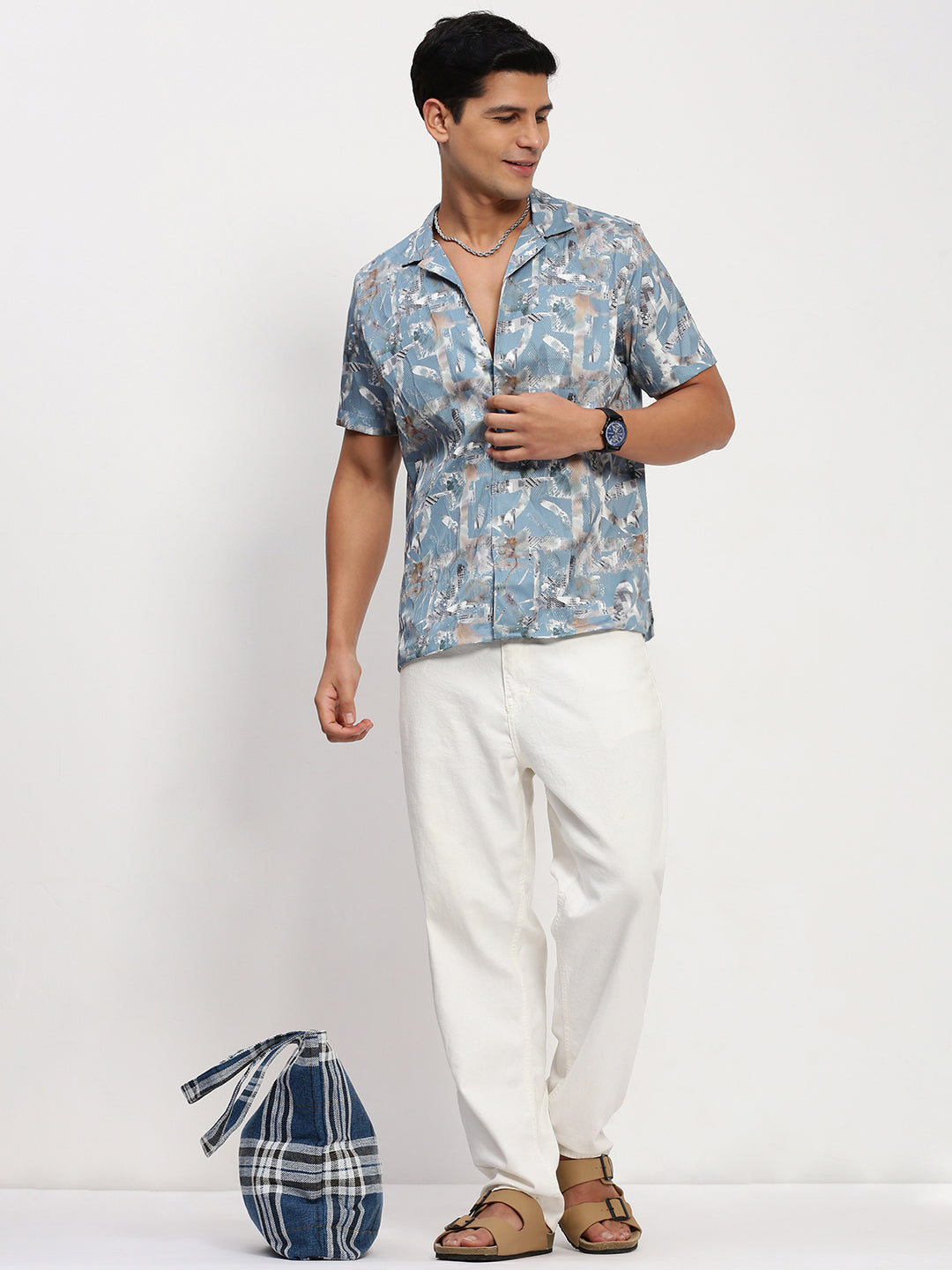 Men Blue Abstract Cuban Collar Shirt