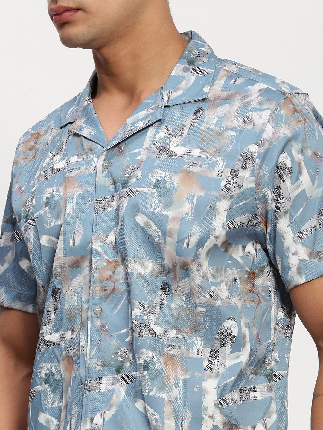 Men Blue Abstract Cuban Collar Shirt