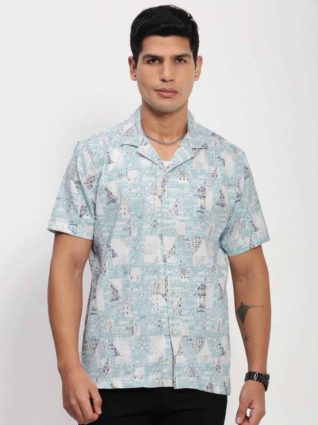 Men Blue Abstract Cuban Collar Shirt