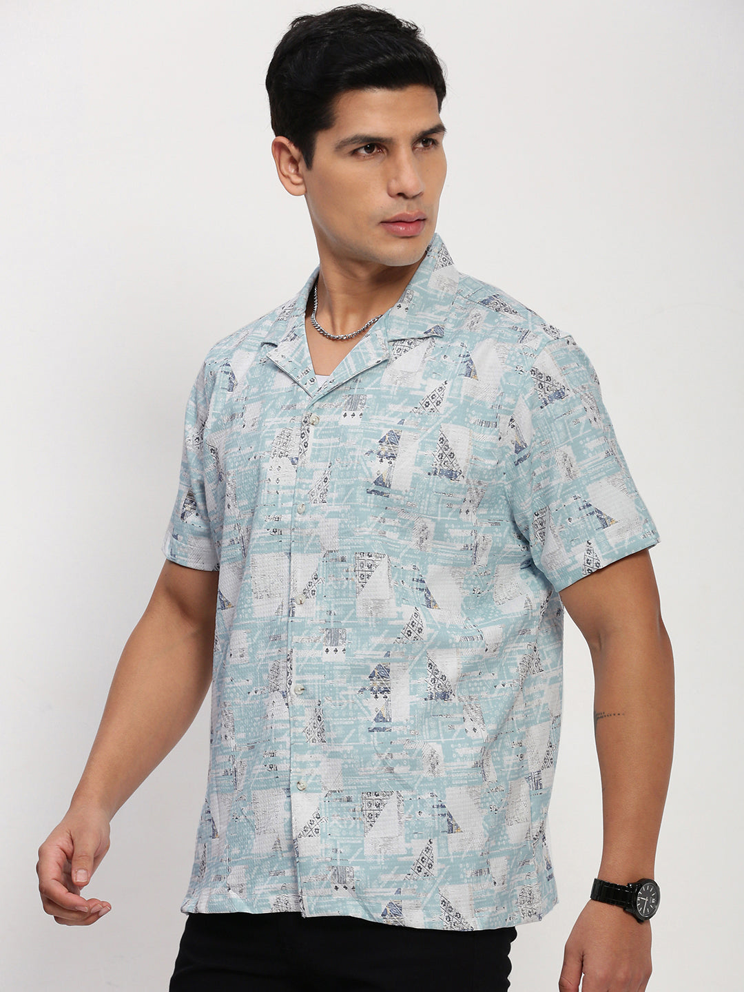 Men Blue Abstract Cuban Collar Shirt