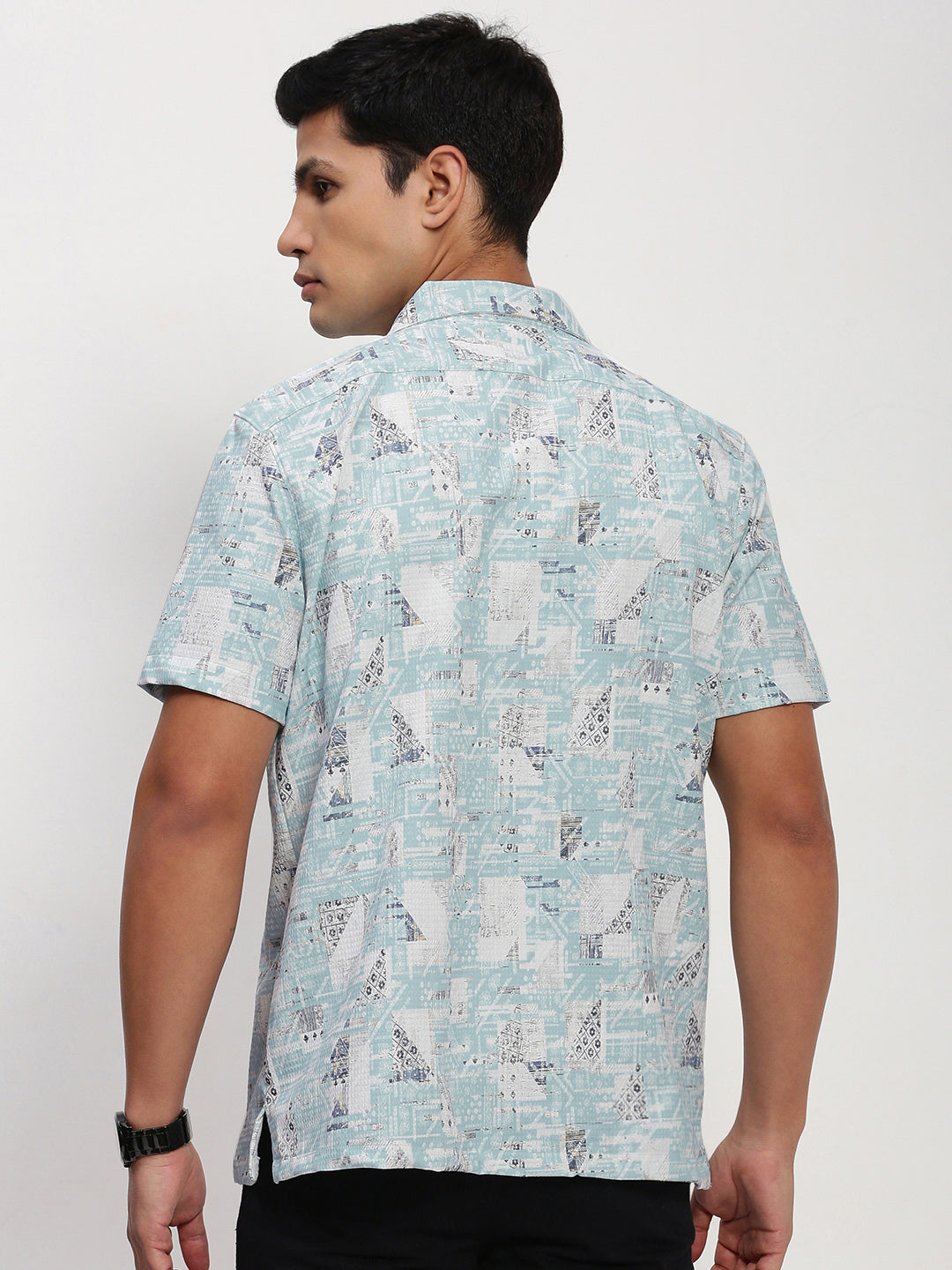 Men Blue Abstract Cuban Collar Shirt